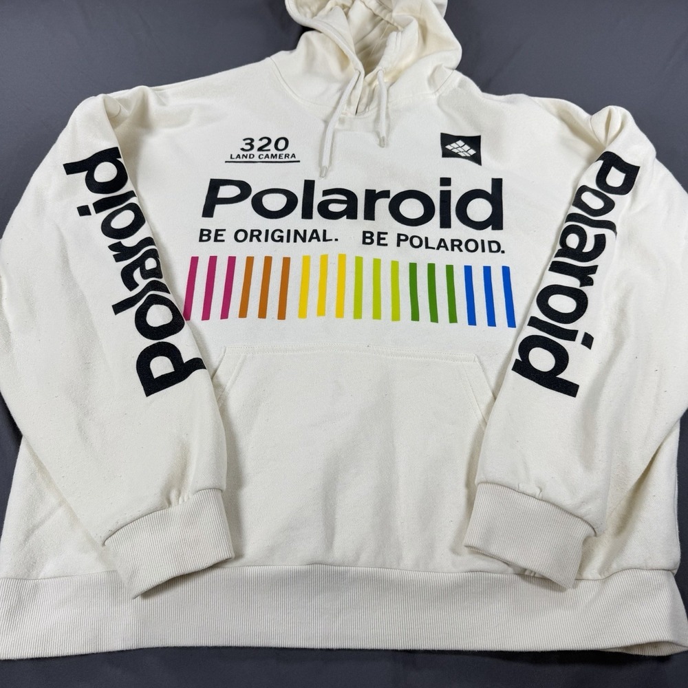 Polaroid 320 Land Camera Hoodie Cream Graphic Pullover Y2K Streetwear Size XL